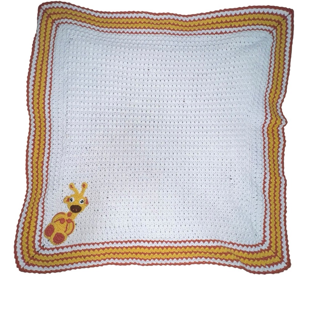 Vintage Handmade Crochet Giraffe White Baby Blanket Afghan Orange‎ Crib 33 X 33
